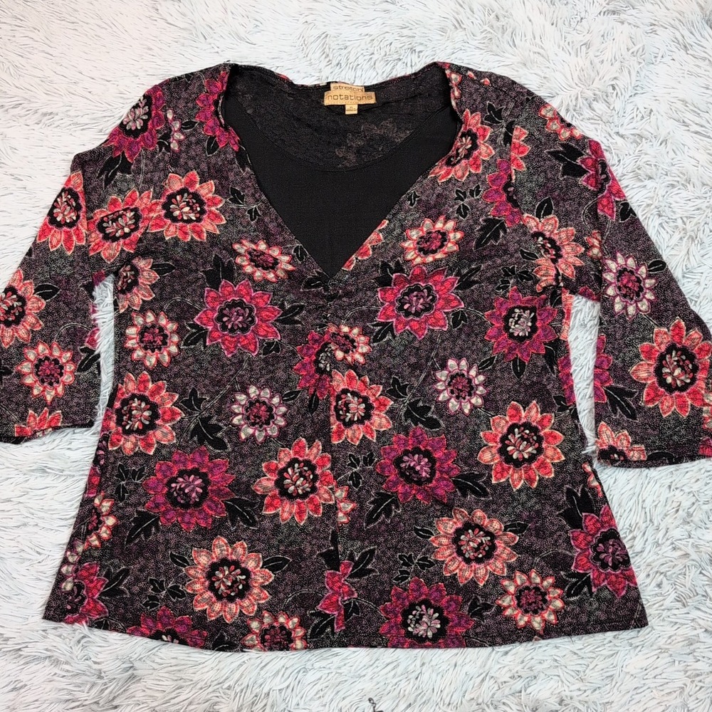 Notations Shirt Womens XL Multicolor Floral Blouse Textured Top Career Casual